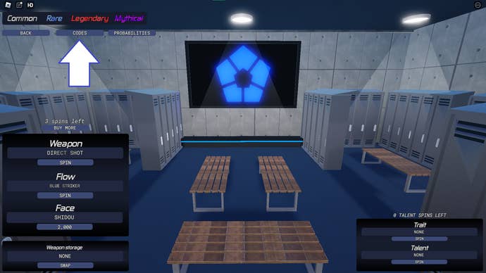 Ein Screenshot von Meta Lock in Roblox, der die Code-Schaltfläche des Spiels zeigt.