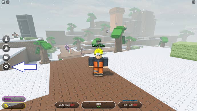 Ein Screenshot von Anime RNG in Roblox, der die Einstellungsschaltfläche des Spiels zeigt.