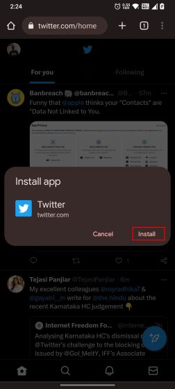 instalar twitter como una aplicación PWA