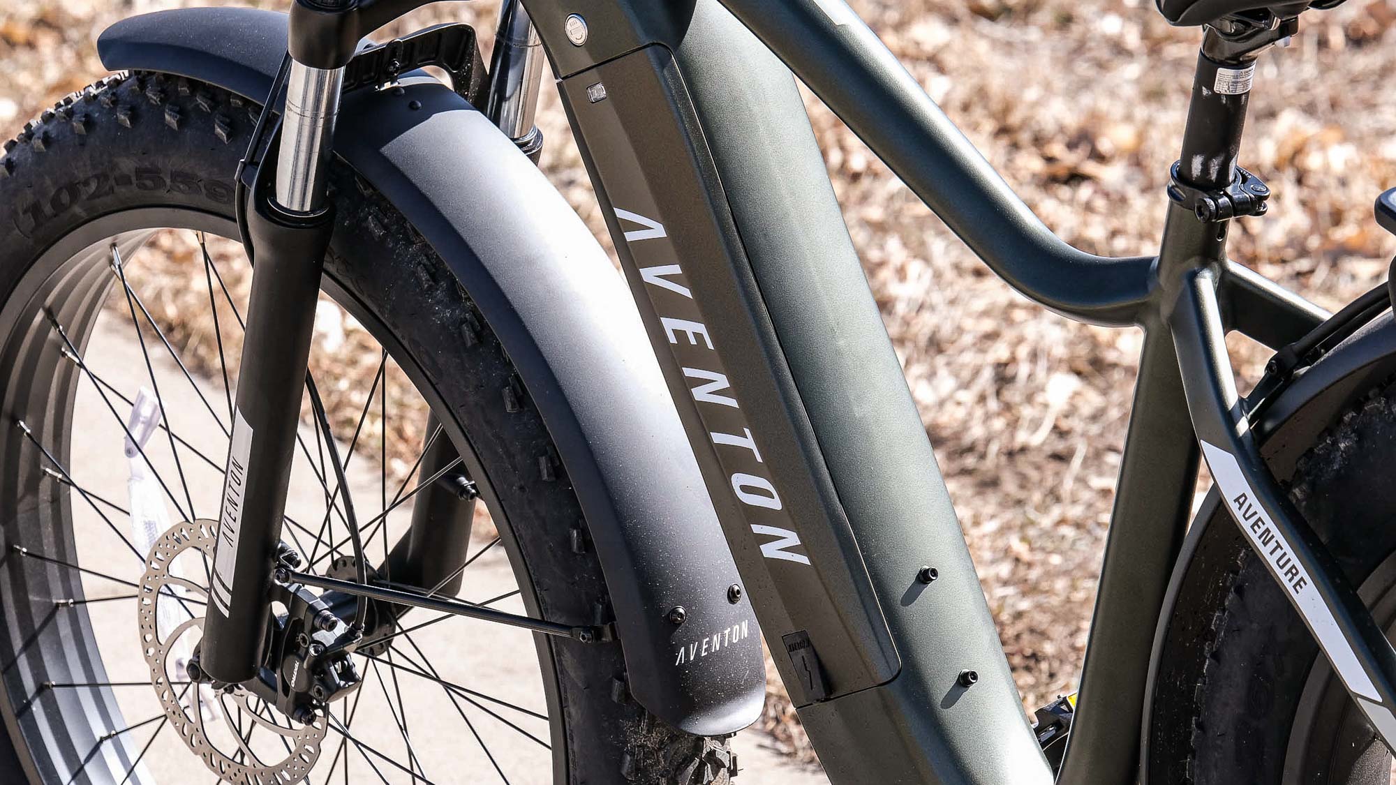 Aventon Aventure.2 sentado afuera en el parque