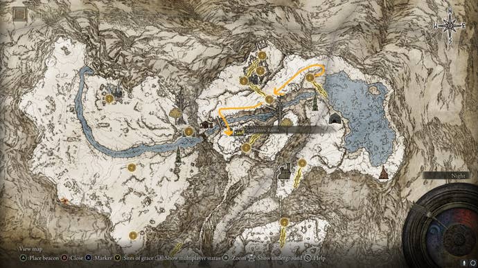 La ubicación de Stargazers Ruins y la ruta hacia ellas se muestran en el mapa de Elden Ring.