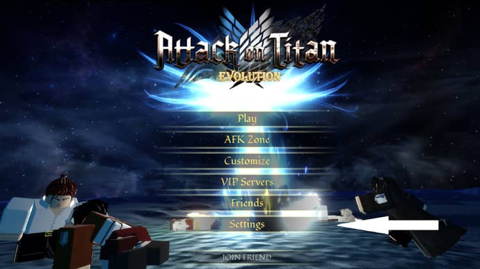 Flecha que apunta al botón que los jugadores deben presionar para acceder a la pantalla de configuración en Attack on Titan Evolution.