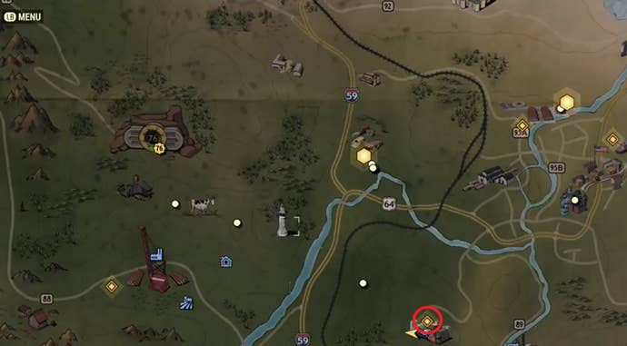 Mapa que muestra la ubicación de una pieza de servoarmadura en Fallout 76.