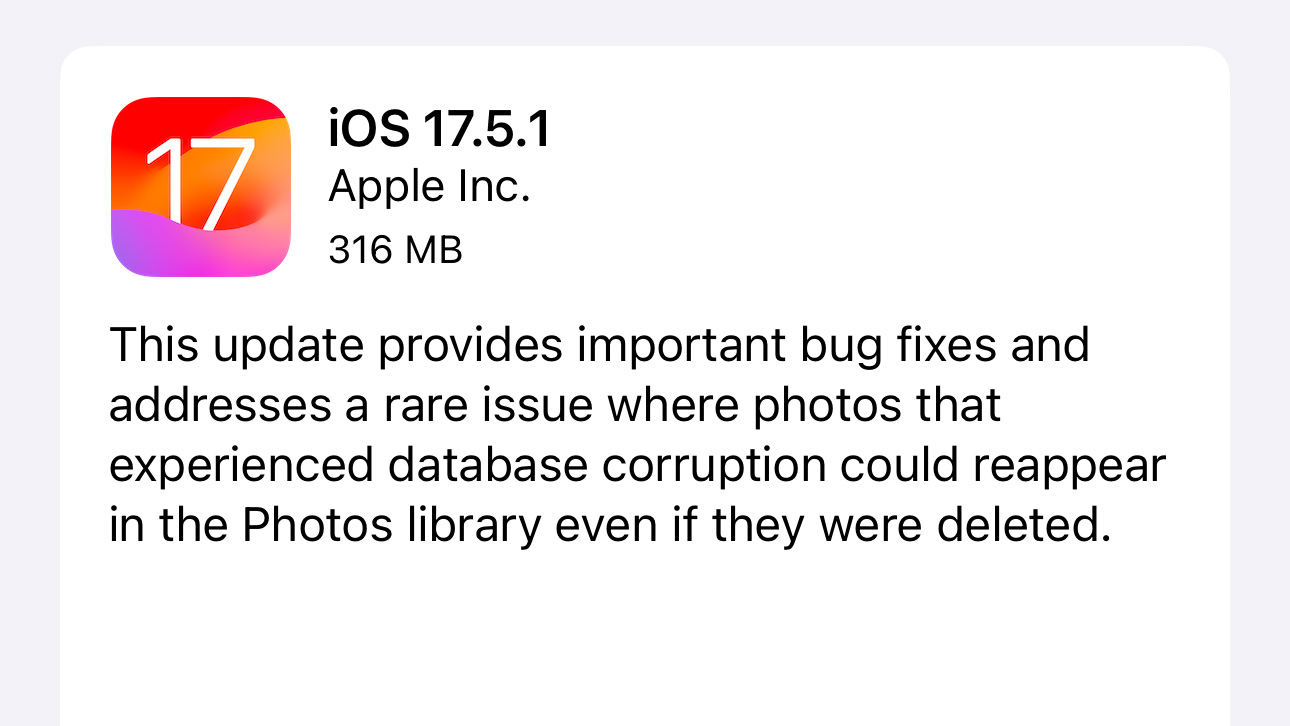 Una captura de pantalla de las notas del parche de iOS 17.5, que soluciona el error de recuperación de fotos