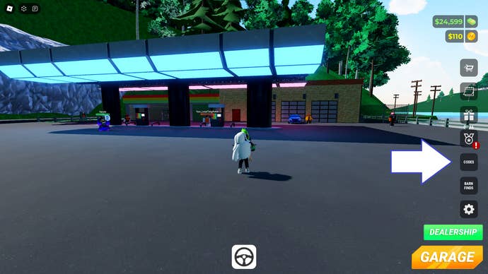 Una captura de pantalla de Highway Hooligans en Roblox que muestra el botón de códigos del juego.