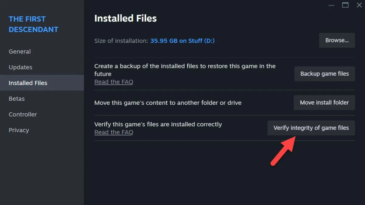 Verificar archivos de juego en Steam para The First Descendant