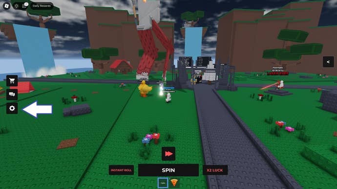 Una captura de pantalla de Admin RNG en Roblox que muestra el botón de configuración del juego.