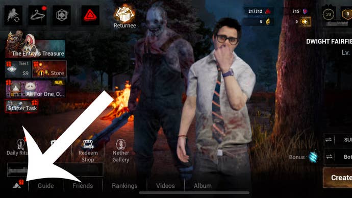 Flecha que apunta al botón que los jugadores deben presionar para dirigirse a la pantalla de Configuración en Dead by Daylight Mobile.