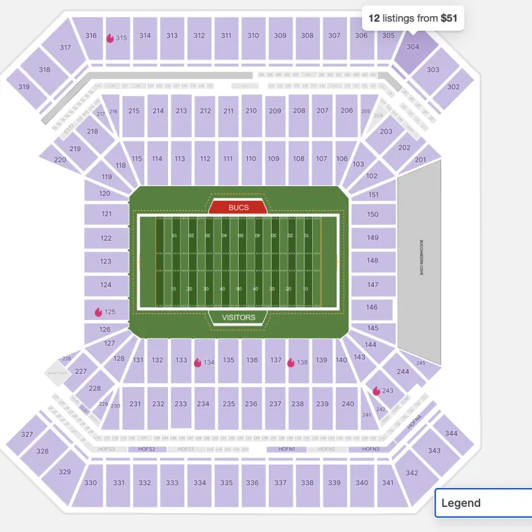Plano de asientos del estadio Raymond James 