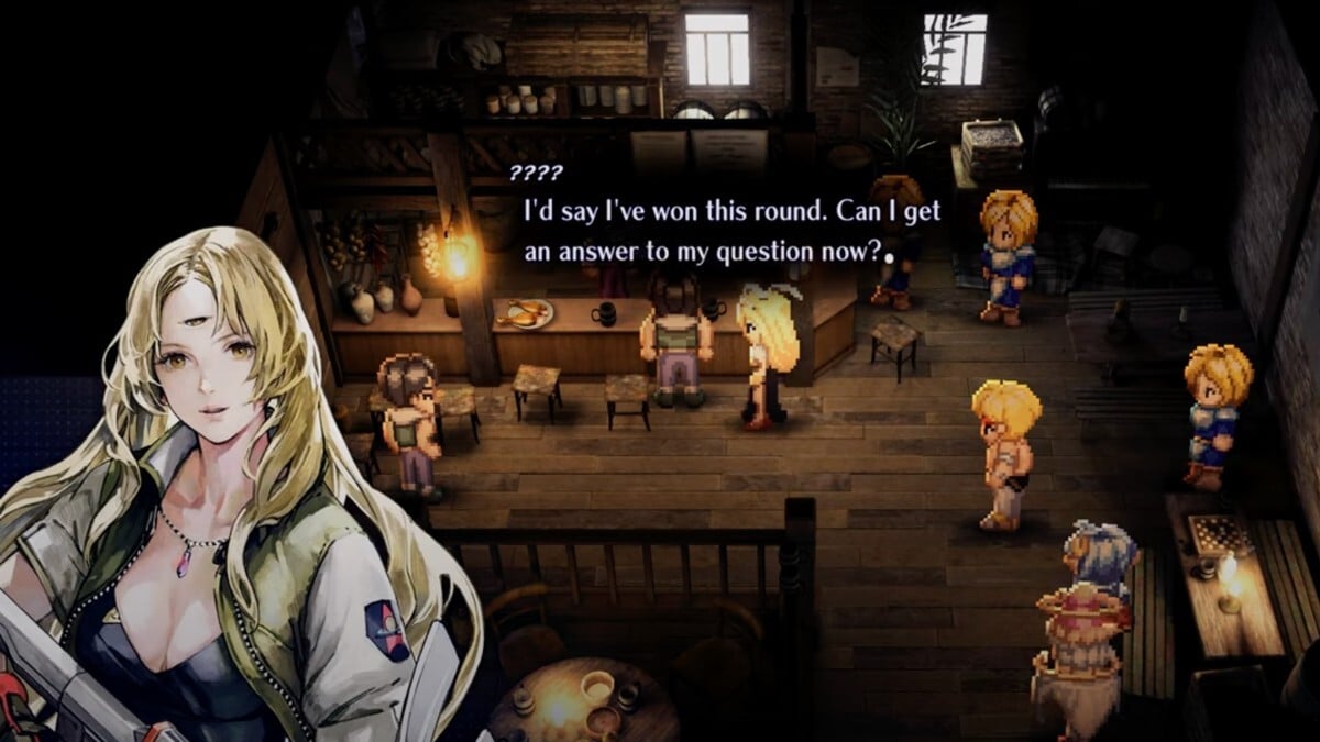 Image d'Opera sous sa forme entièrement illustrée au-dessus d'une image de gameplay à l'intérieur du bar Hilton.  Un Opéra pixélisé peut être vu avec les membres du groupe de joueurs.  Le texte montre son nom comme "????" car elle est toujours un personnage mystérieux.  Elle dit "Je dirais que j'ai gagné cette manche.  Puis-je obtenir une réponse à ma question maintenant ?"