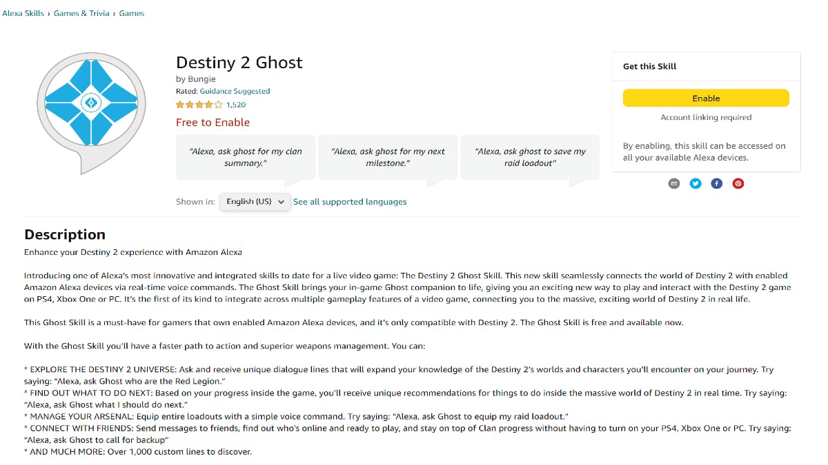 Destiny 2 Ghost Alexa Amazon Activer la page et les paramètres
