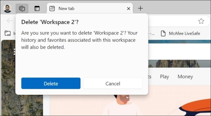 confirmer la suppression de l'espace de travail dans Microsoft Edge