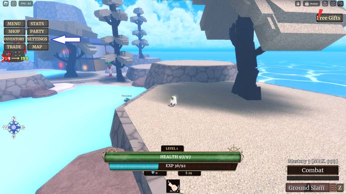 Une capture d'écran de Z Piece dans Roblox montrant le bouton des paramètres du jeu.