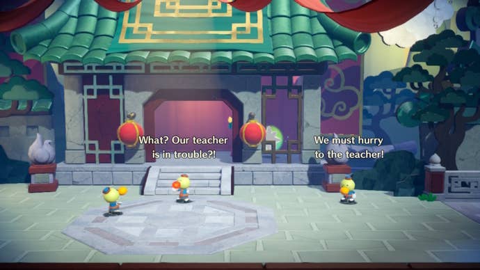 La princesse Peach se tient à l'intérieur d'une pagode avec un joyau scintillant à côté d'elle dans Princess Peach : Showtime