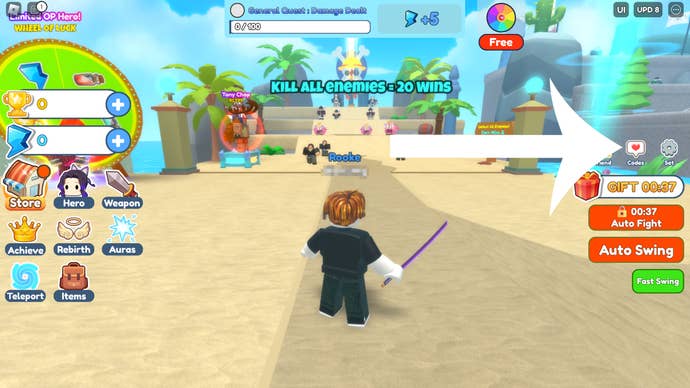 Flèche pointant vers le bouton sur lequel les joueurs doivent appuyer pour utiliser les codes dans Clicker Fighting Simulator.