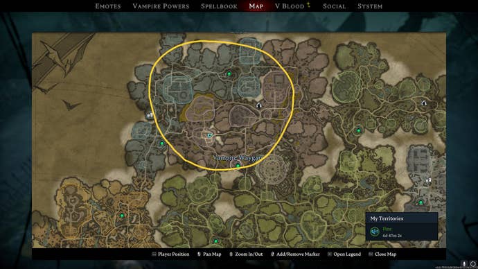 La région de Gloomrot, où l'on peut parfois trouver de l'alliage de radium dans des conteneurs, est encerclée sur la carte V Rising.