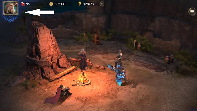 Flèche pointant vers l'icône de l'avatar dans le jeu mobile fantastique Watcher of Realms.