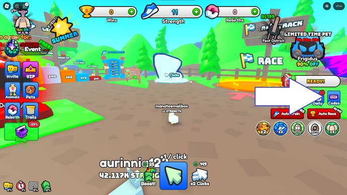 Une capture d'écran d'Animal Race dans Roblox montrant le bouton des codes du jeu.