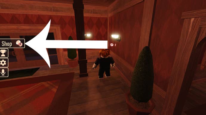 L'écran du lobby du jeu Roblox Doors avec une flèche pointant vers le bouton sur lequel les joueurs doivent appuyer pour échanger un code.
