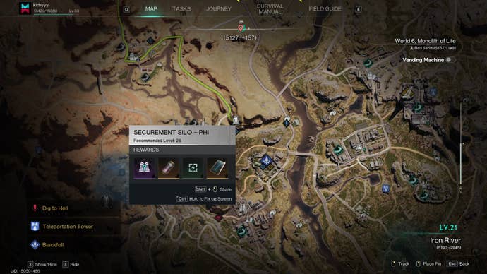 L'emplacement de Securement Silo Phi à Once Human est indiqué sur la carte