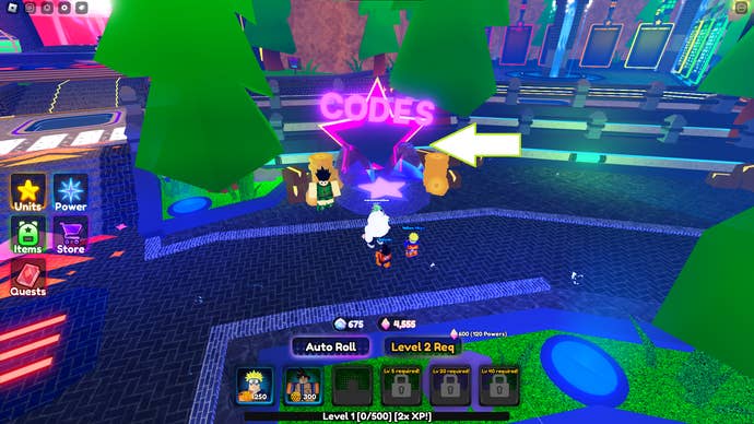 Une capture d'écran d'Anime Power Defense dans Roblox montrant la zone des codes du jeu.