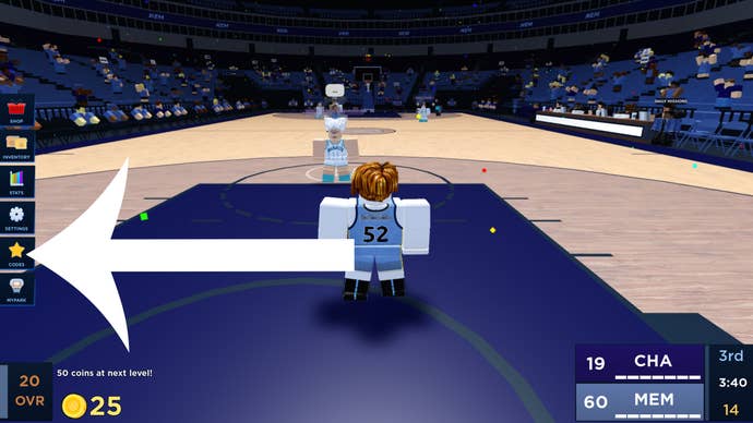 La freccia punta verso il pulsante che i giocatori devono premere per accedere al menu dei codici in Basketball Legends.