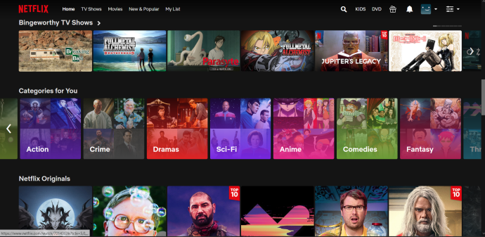 Pagina dei contenuti di Netflix