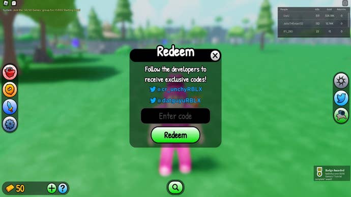 Il giocatore riscatta un codice tramite la schermata social in Roblox's Village Defense Tycoon