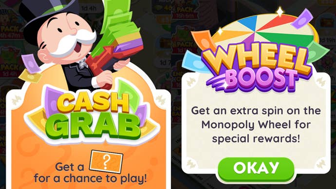 Schermate del menu di Monopoly Go per gli eventi a tempo limitato Cash Grab e Wheel Boost del gioco per dispositivi mobili.