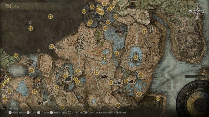 Una schermata della mappa che mostra la posizione del tunnel che conduce al frammento di mappa in alto a sinistra in Elden Ring Shadow of the Erdtree.