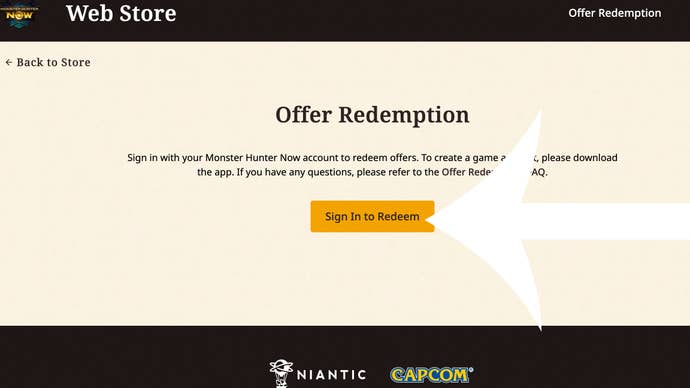 Monster Hunter Now コードを引き換えるために使用される Web サイト (サインイン ボタンを指す矢印が付いています)。