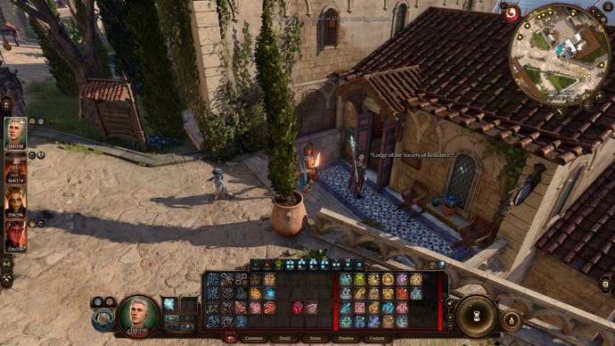 Baldur's Gate 3 の Society of Brilliance ロッジの外に立つタブ。