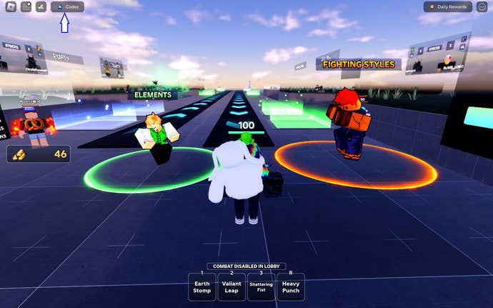 Een screenshot van Elemental Duels in Roblox waarop de codesknop van het spel te zien is.