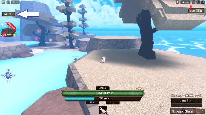 Zrzut ekranu z Z Piece w Roblox pokazujący przycisk menu gry.