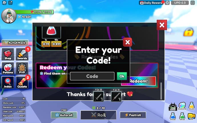 Zrzut ekranu z Dungeon RNG w Robloxie pokazujący pole kodów gry.