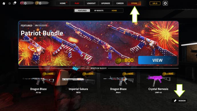 Zrzut ekranu z gry Korrupt Zombies w Robloxie, pokazujący przycisk Store i przycisk Redeem.