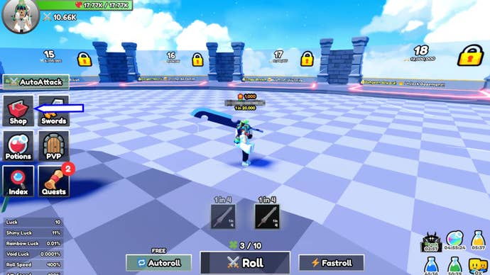 Zrzut ekranu z Dungeon RNG w Robloxie przedstawiający przycisk sklepu w grze.