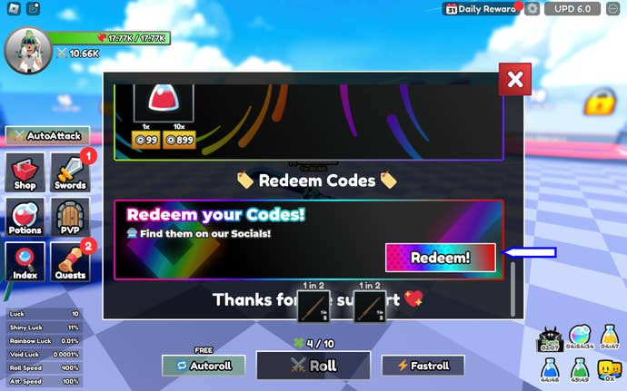 Zrzut ekranu z Dungeon RNG w Robloxie, pokazujący przycisk realizacji kodu w grze.