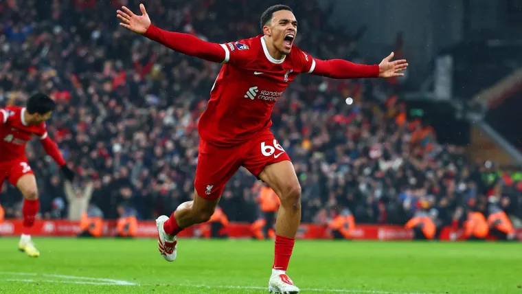 Trent Alexander-Arnold comemora sua vitória contra o Fulham Trent Alexander-Arnold comemora sua vitória contra o Fulham