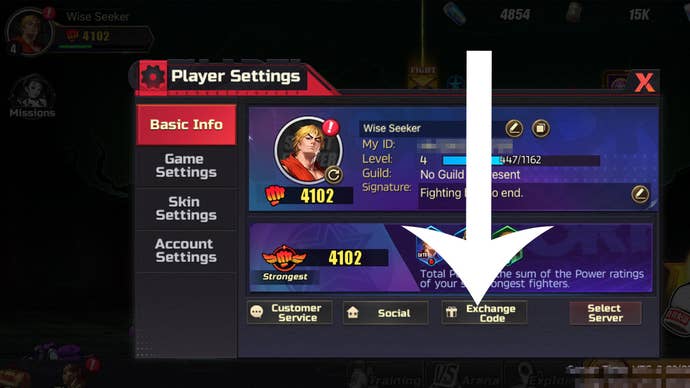 Uma captura de tela do jogo Street Fighter Duel mostrando onde os jogadores precisam resgatar um código promocional de troca.