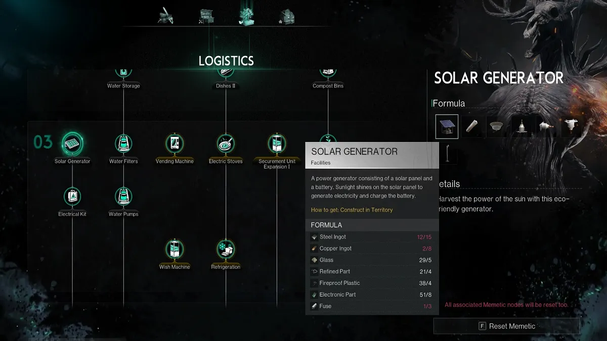 Gerador Solar no menu Memetics em Once Human