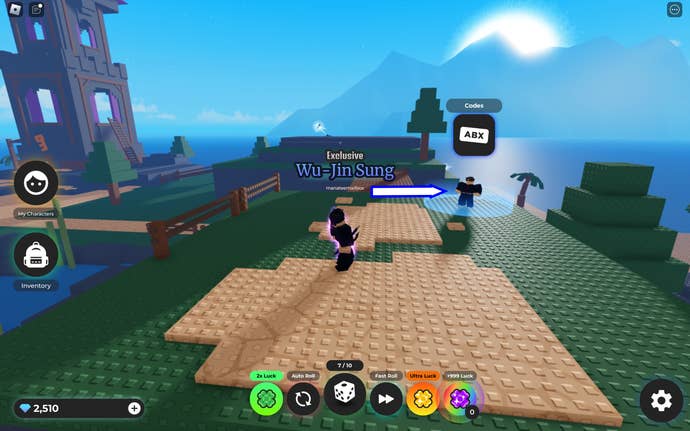 Uma captura de tela do personagem RNG no Roblox mostrando a área de códigos do jogo.