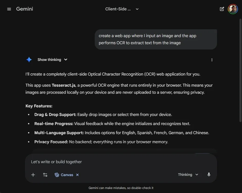 asking gemini to create an OCR app