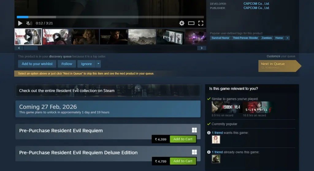 Page de la boutique Steam de Resident Evil Requiem