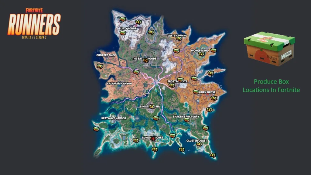 Mappa della posizione della scatola dei prodotti Fortnite