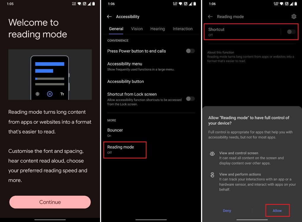 enable reading mode on android from an accessibility settings page