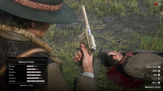Arthur Morgan holds Midnight's gun next to a person who was shot dead in Red Dead Redemption 2.