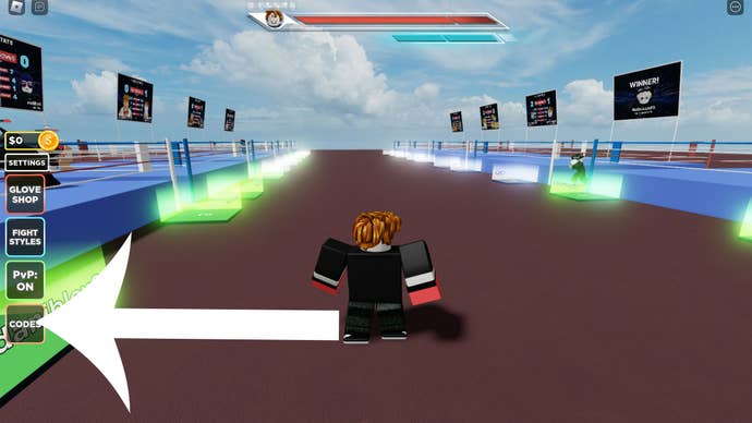 Arrow pointing to the button that players must press to access the code menu in Untitled Boxing Game.