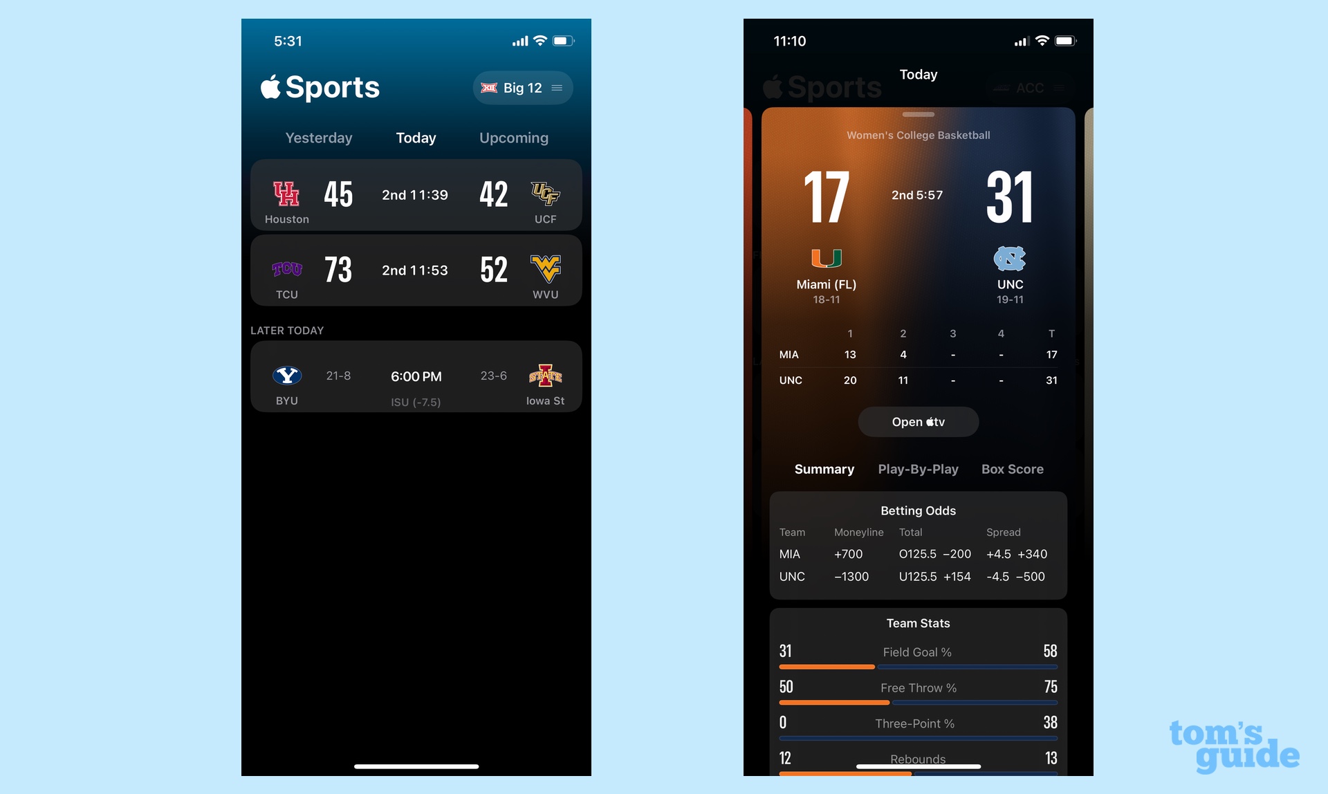 Results are displayed in the Apple Sports app.