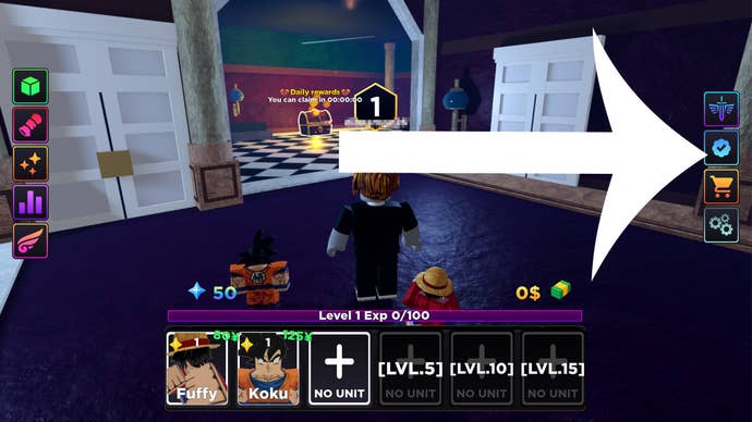 Arrow pointing to the button that players must press to redeem codes in Anime Rangers.